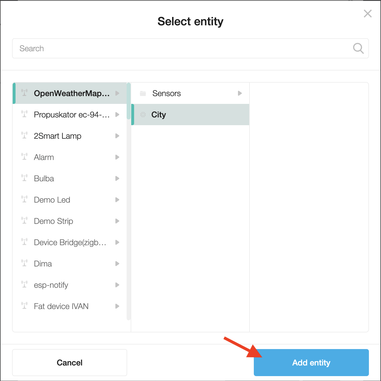 Select entity window