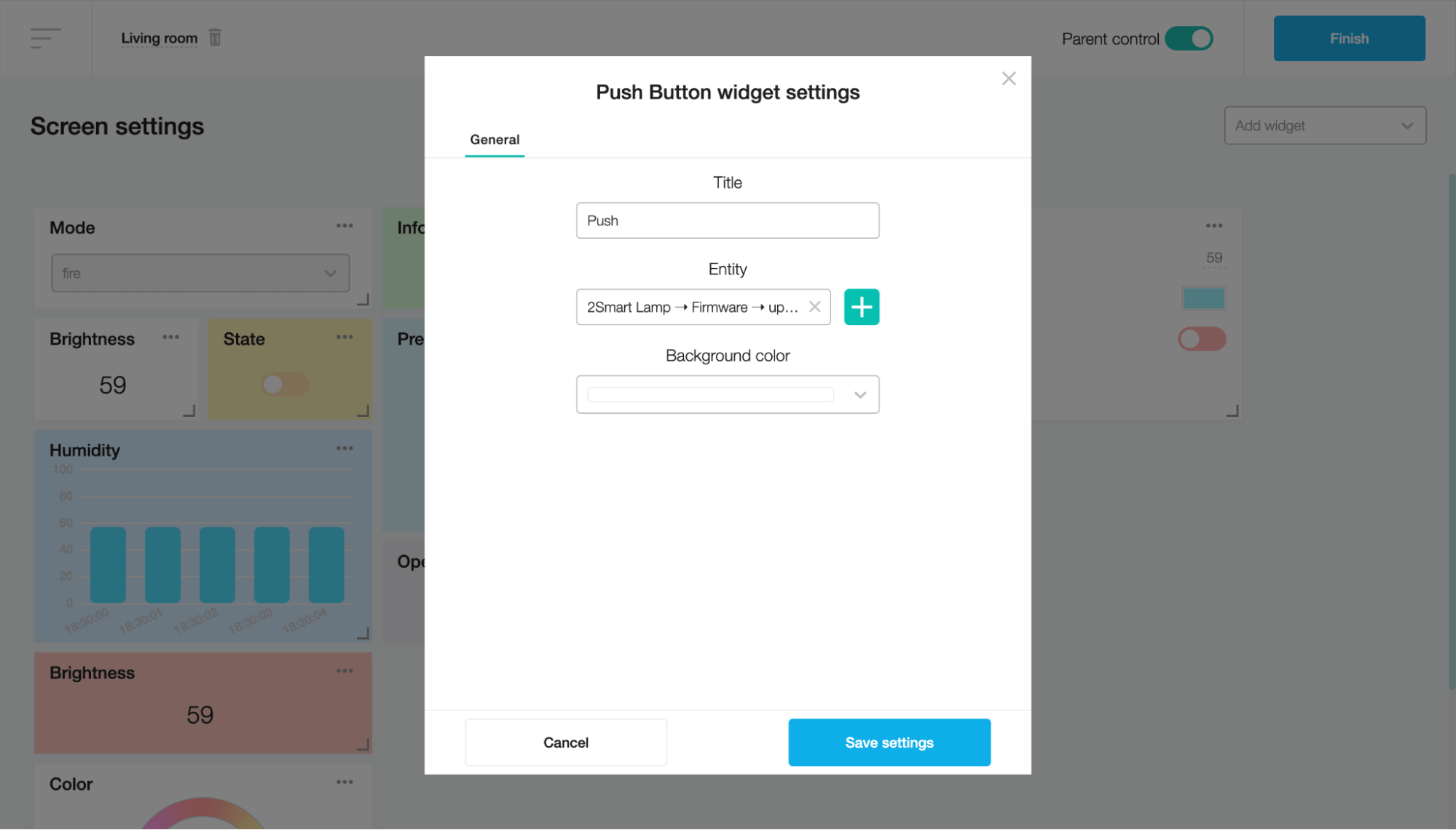 Push button widget settings