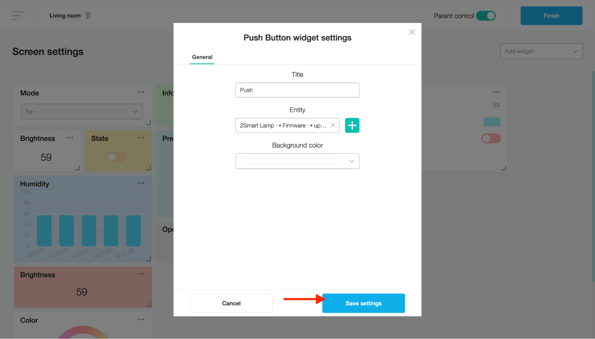 Push button widget settings